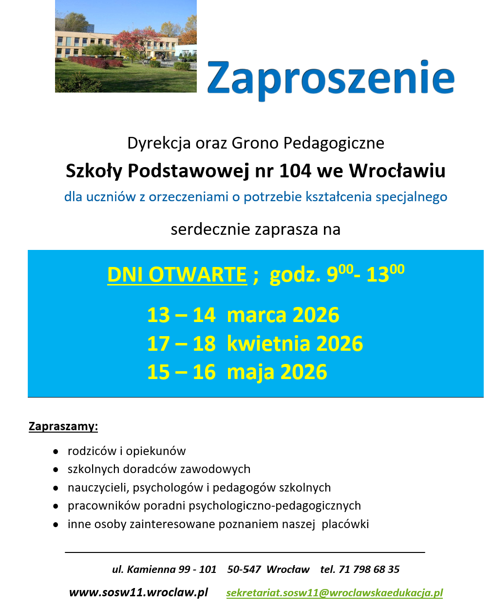 Read more about the article ZAPROSZENIE SZKOŁA PODSTAWOWA NR 104