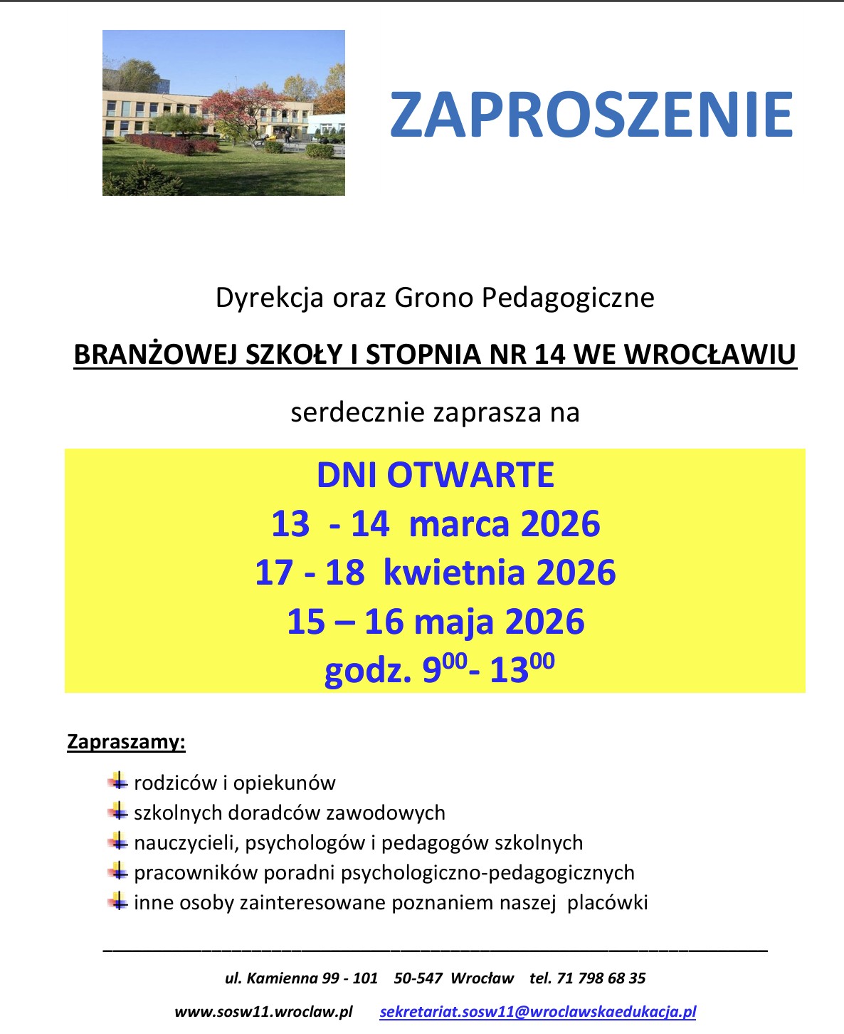 Read more about the article ZAPROSZENIE NA DNI OTWARTE W SOSW NR 11